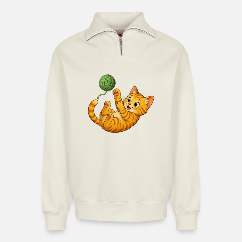 Kitten playing with wool - Relaxed Unisex Organic Half Zip Sweatshirt – by SPREAD - off white
