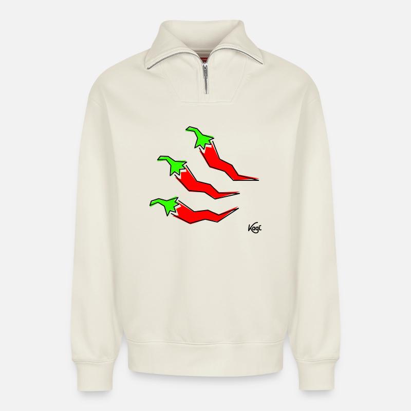 trois pepperonis - Sweat unisexe décontracté en coton biologique à demi-zip – de SPREAD - blanc cassé