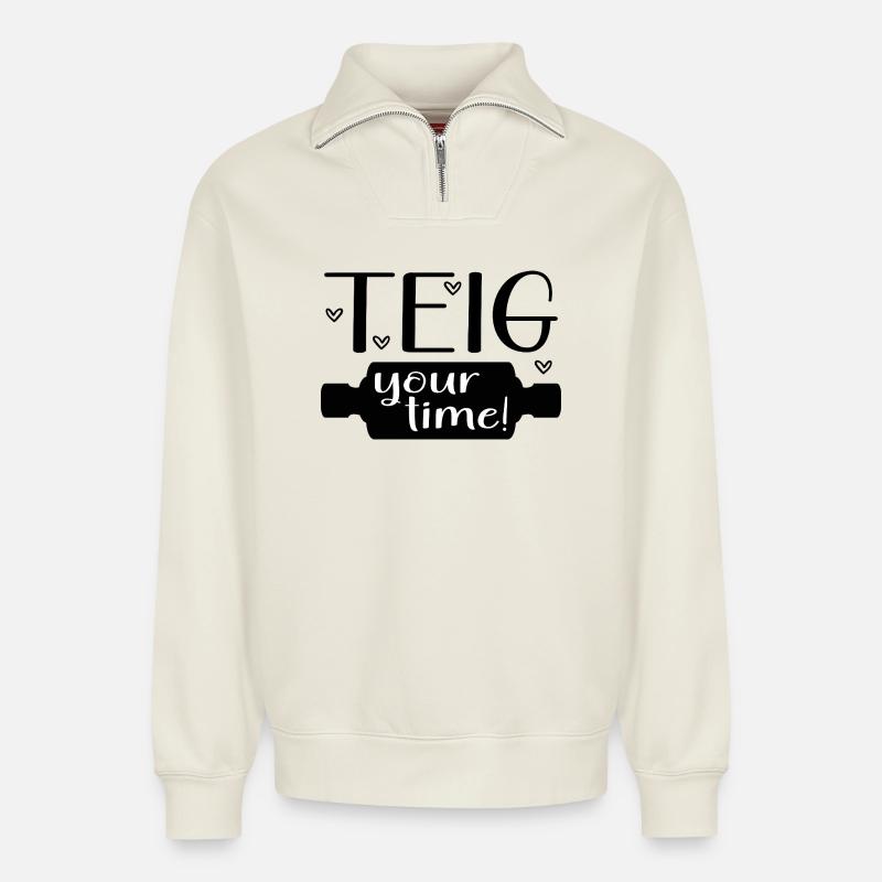 Teigrolle Backen Zeit - Relaxed Unisex Organic Half Zip Sweatshirt – von SPREAD - Naturweiß