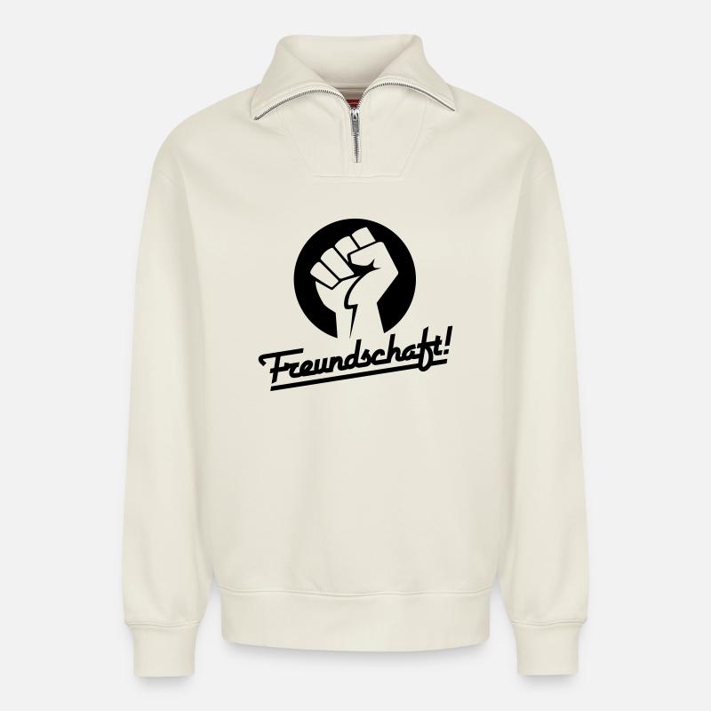 Freundschaft v.1 (Farbe änderbar) - Relaxed Unisex Organic Half Zip Sweatshirt – von SPREAD - Naturweiß