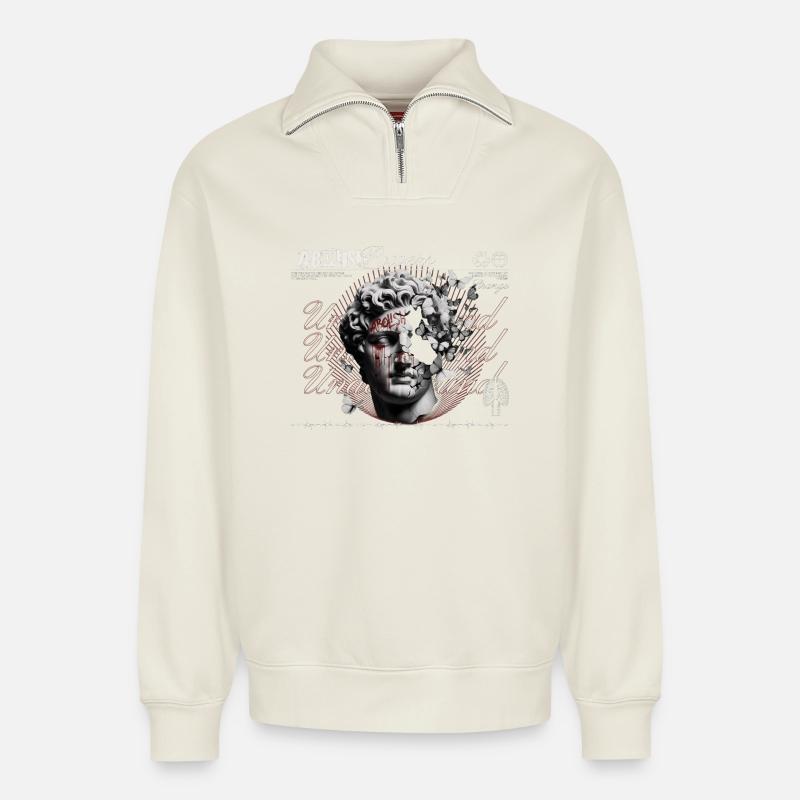 Abolish Power Kopf-Collage - Relaxed Unisex Organic Half Zip Sweatshirt – von SPREAD - Naturweiß