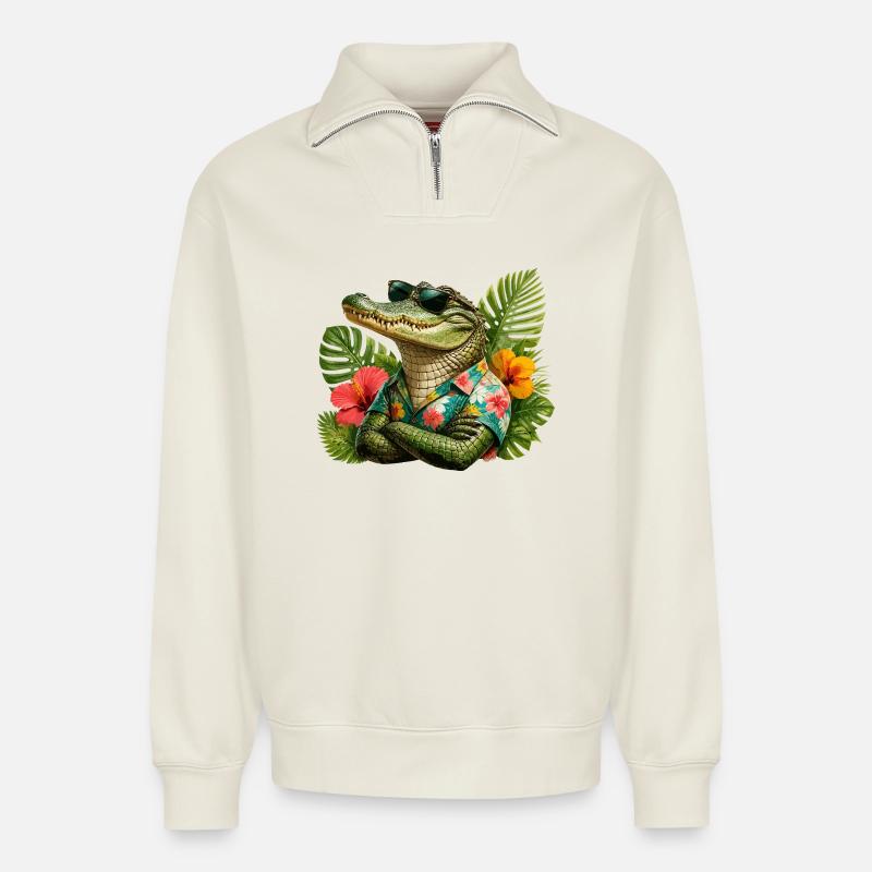 Alligator Hawaii-Look - Relaxed Unisex Organic Half Zip Sweatshirt – von SPREAD - Naturweiß