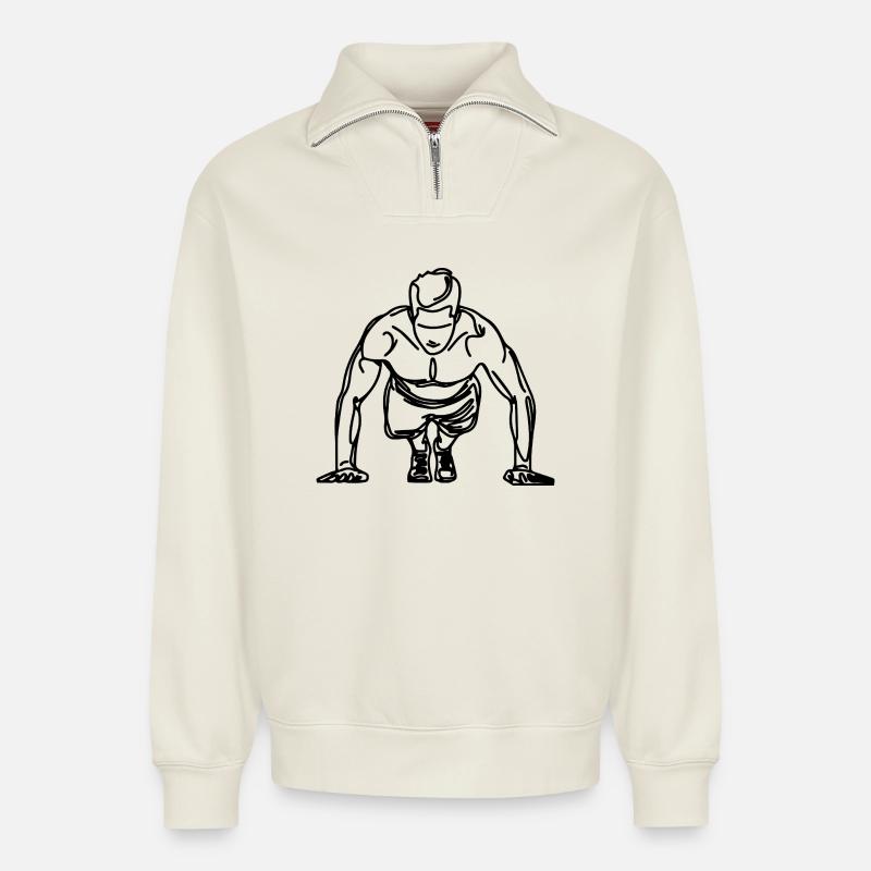 Bodybuilder Drawing - Relaxed Unisex Organic Half Zip Sweatshirt – by SPREAD - off white