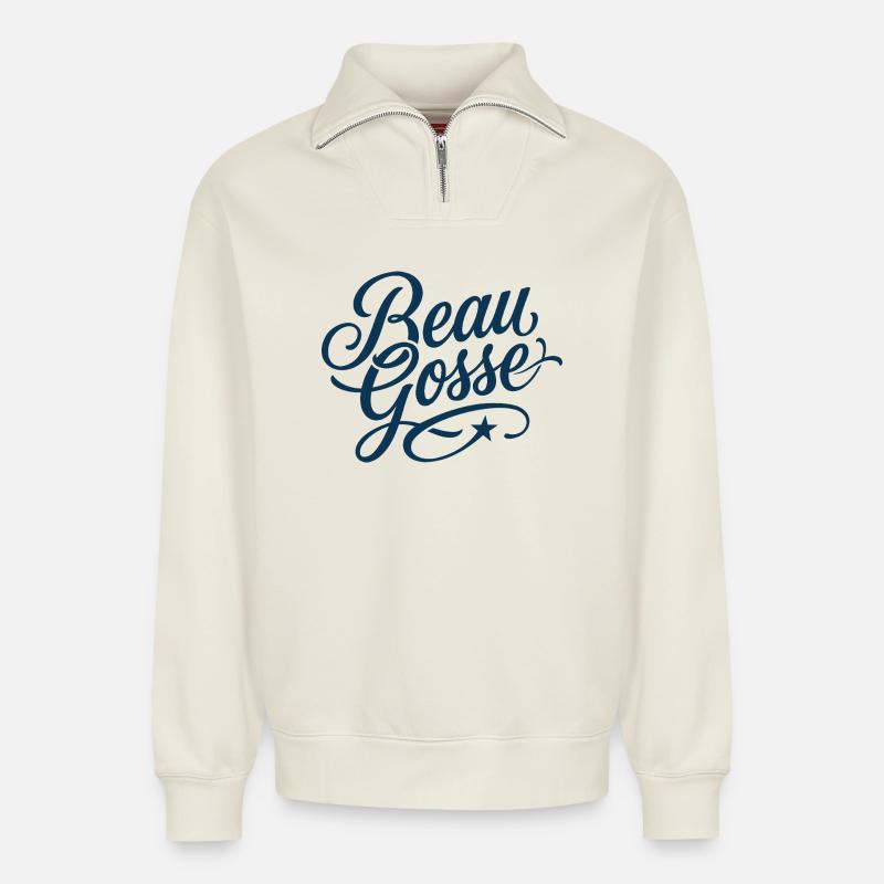 Beau Gosse Script Bleu - Sweat unisexe décontracté en coton biologique à demi-zip – de SPREAD - blanc cassé