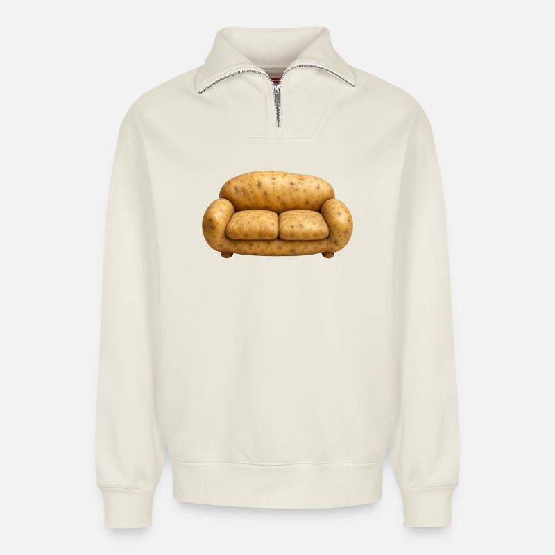 COUCH POTATO - Relaxed Unisex Organic Half Zip Sweatshirt – by SPREAD - off white