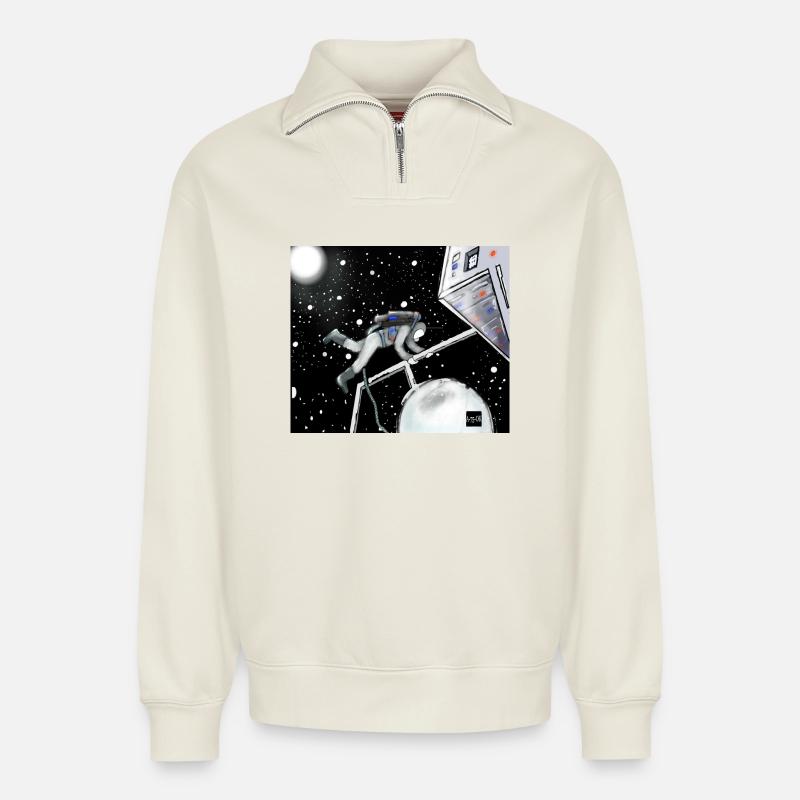 Space Explorer in Orbit - Relaxed Unisex Organic Half Zip Sweatshirt – by SPREAD - off white
