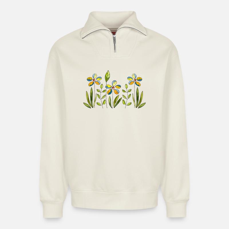 Fleur - Sweat unisexe décontracté en coton biologique à demi-zip – de SPREAD - blanc cassé