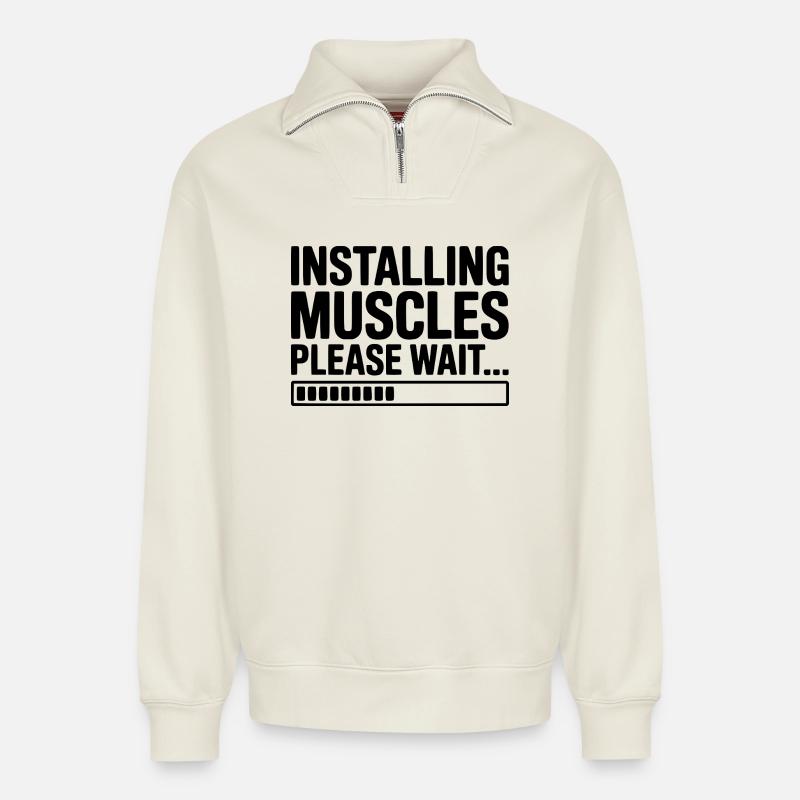 Installing Muscles Please Wait... - Relaxed Unisex Organic Half Zip Sweatshirt – by SPREAD - off white