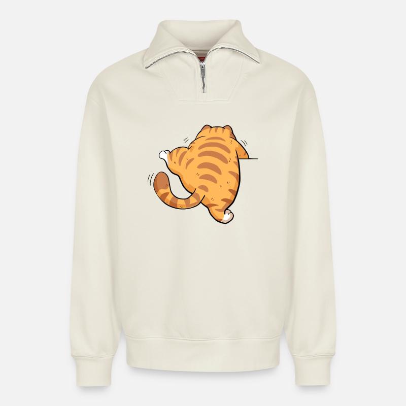 Back view tabby kitten - Relaxed Unisex Organic Half Zip Sweatshirt – by SPREAD - off white