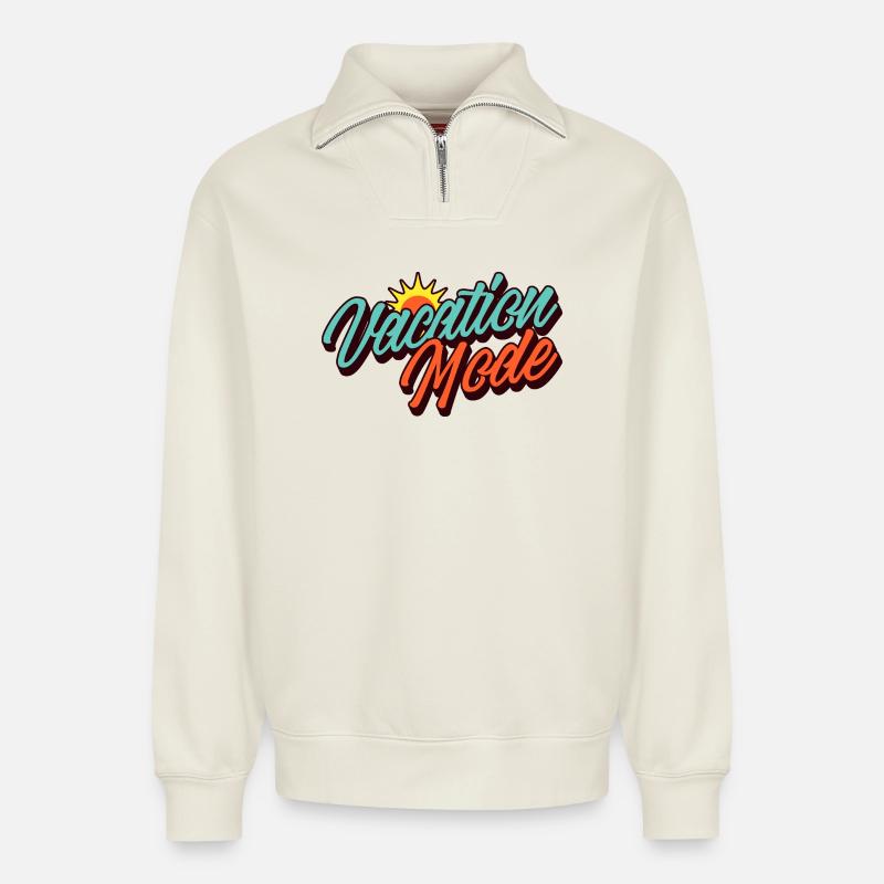 Vacation Mode Urlaubsmodus Retro Sonnen-Design - Relaxed Unisex Organic Half Zip Sweatshirt – von SPREAD - Naturweiß