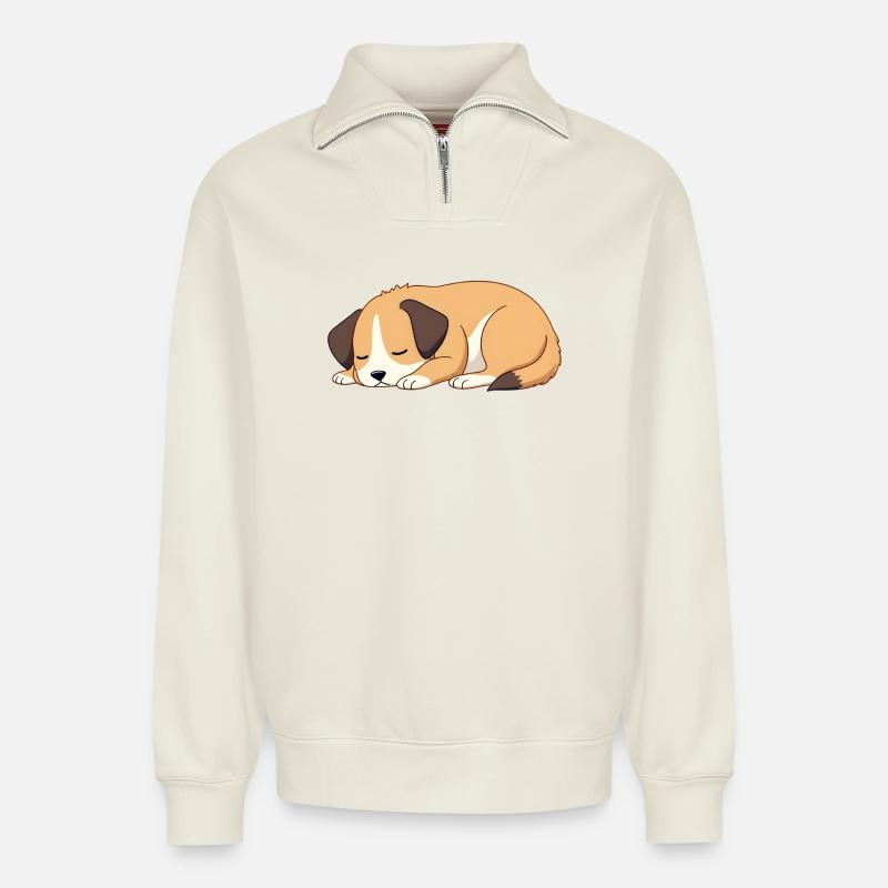 chien endormi - Sweat unisexe décontracté en coton biologique à demi-zip – de SPREAD - blanc cassé