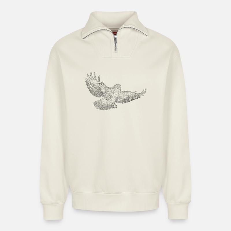 Mäusebussard, Greifvogel gezeichnet (stilisiert) - Relaxed Unisex Organic Half Zip Sweatshirt – von SPREAD - Naturweiß
