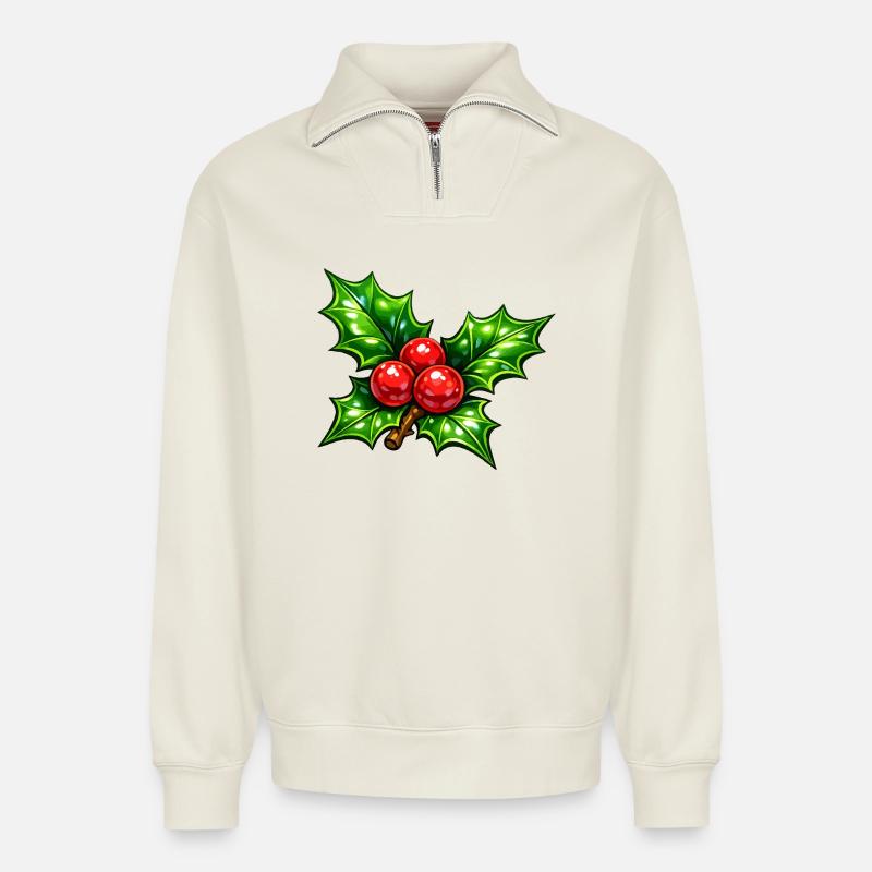 Stechpalme mit Beeren - Relaxed Unisex Organic Half Zip Sweatshirt – von SPREAD - Naturweiß