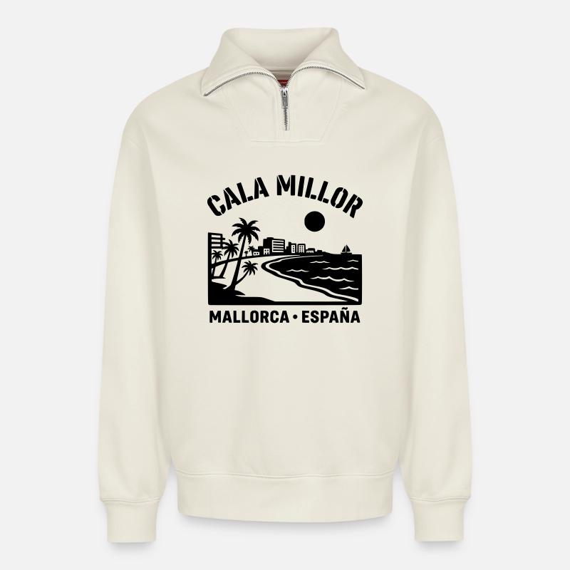 cala millor Mallorca - Relaxed Unisex Organic Half Zip Sweatshirt – von SPREAD - Naturweiß