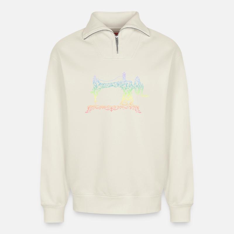 sewing machine - Relaxed Unisex Organic Half Zip Sweatshirt – by SPREAD - off white
