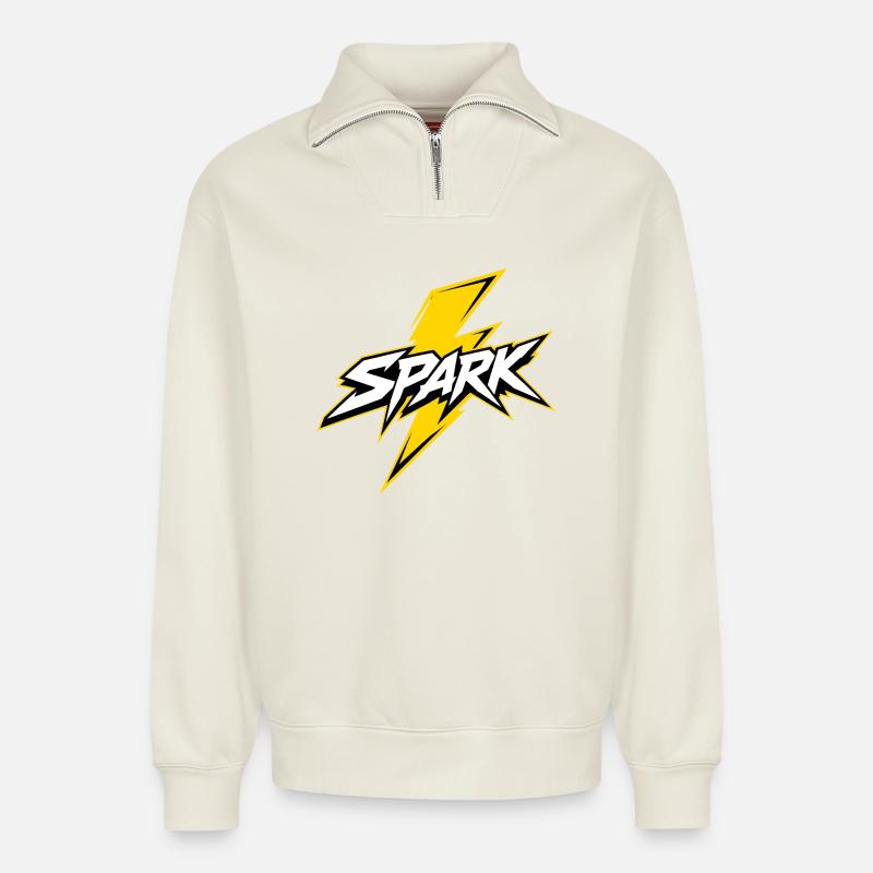 Spark Blitz Comic Logo - Relaxed Unisex Organic Half Zip Sweatshirt – von SPREAD - Naturweiß