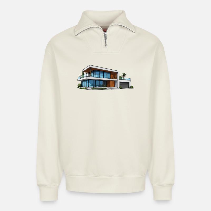 Modern Villa Architecture Illustration - Relaxed Unisex Organic Half Zip Sweatshirt – by SPREAD - off white