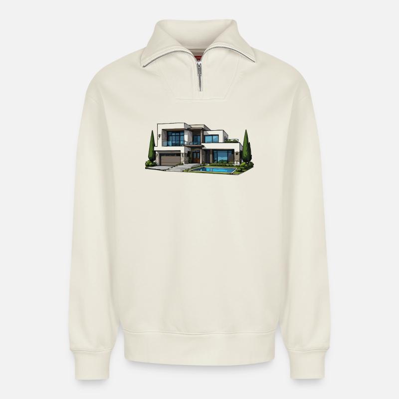 Moderne Villa mit Pool - Relaxed Unisex Organic Half Zip Sweatshirt – von SPREAD - Naturweiß