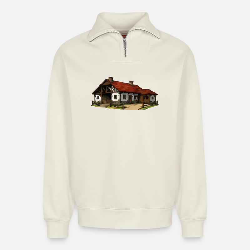 Rustic farm - Relaxed Unisex Organic Half Zip Sweatshirt – by SPREAD - off white