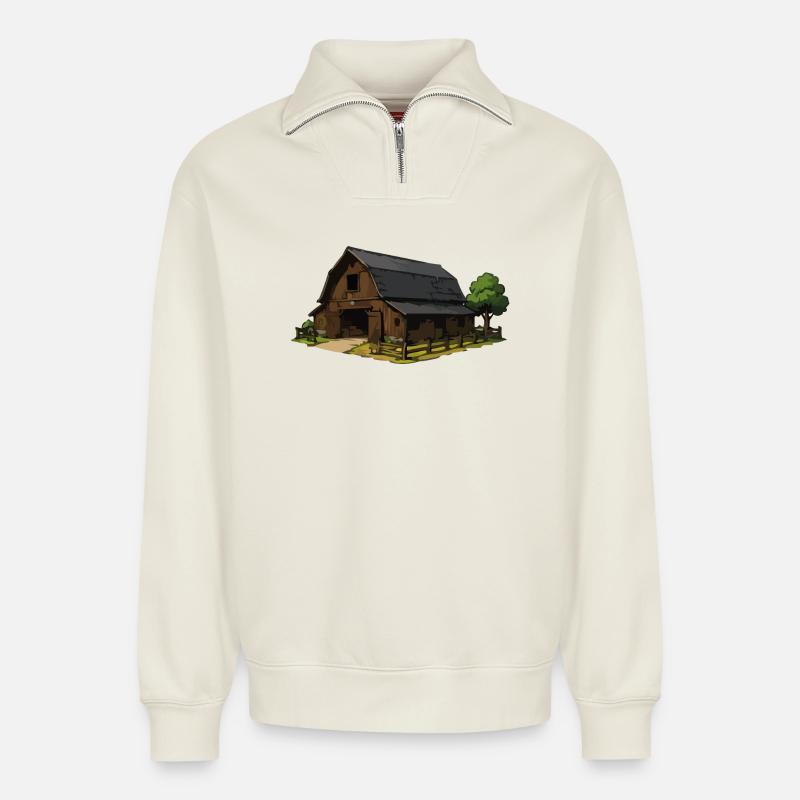 Rustic Barn Illustration - Relaxed Unisex Organic Half Zip Sweatshirt – by SPREAD - off white
