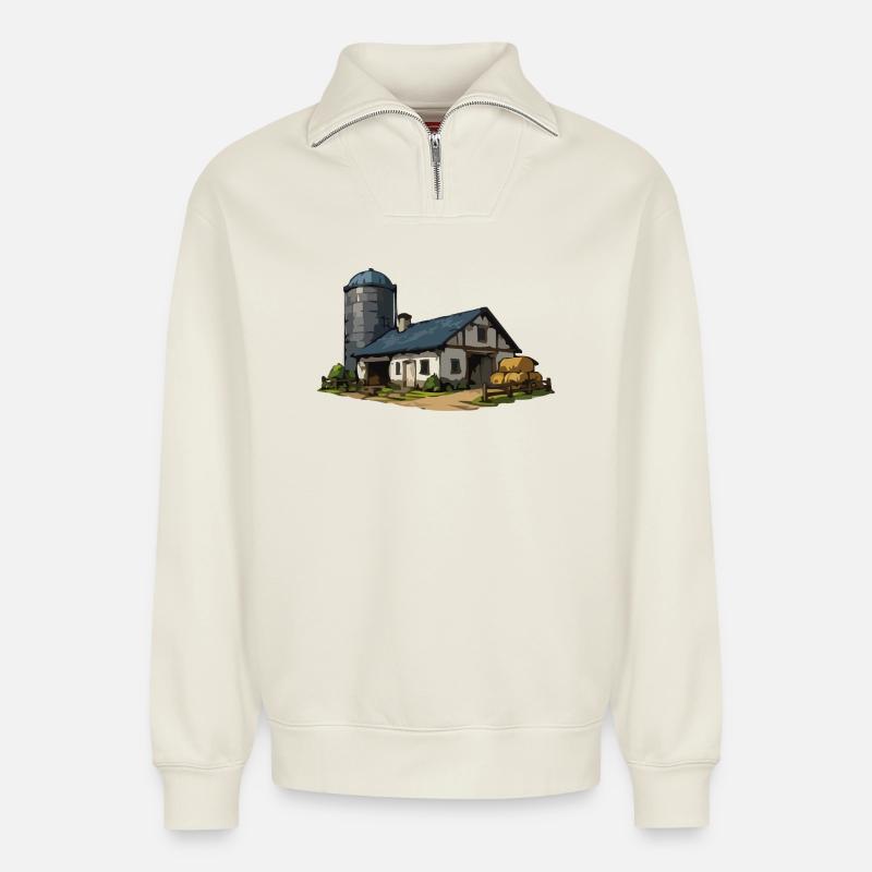 Ländliche Scheune mit Silo - Relaxed Unisex Organic Half Zip Sweatshirt – von SPREAD - Naturweiß
