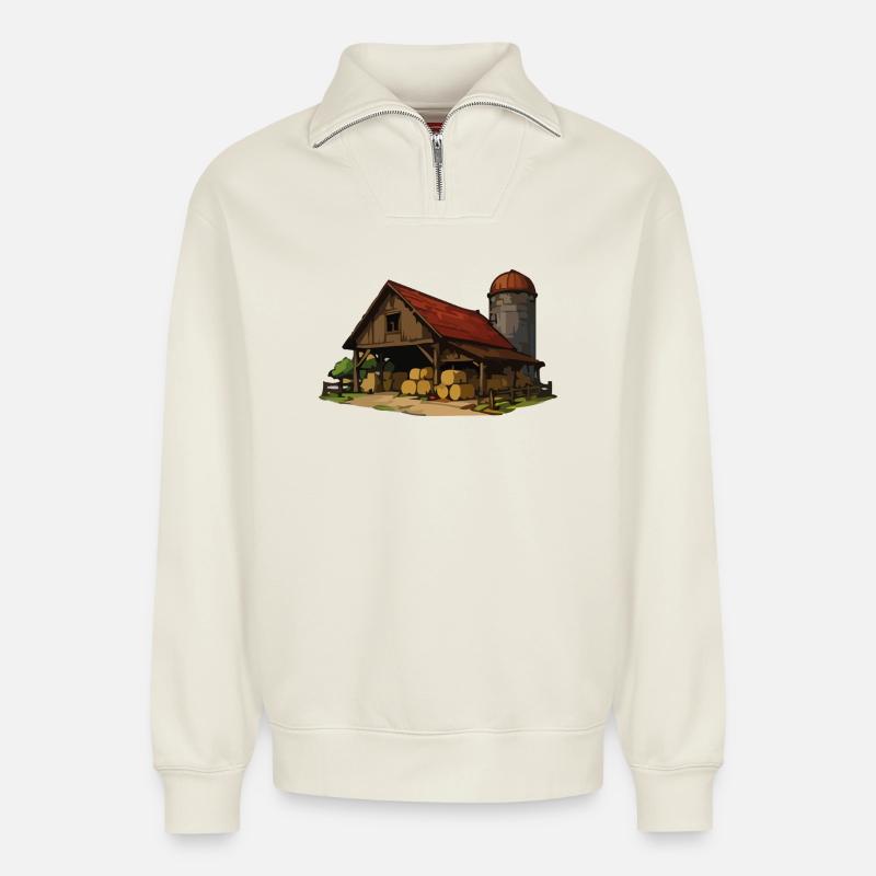 Rustikale Scheune mit Heuballen - Relaxed Unisex Organic Half Zip Sweatshirt – von SPREAD - Naturweiß