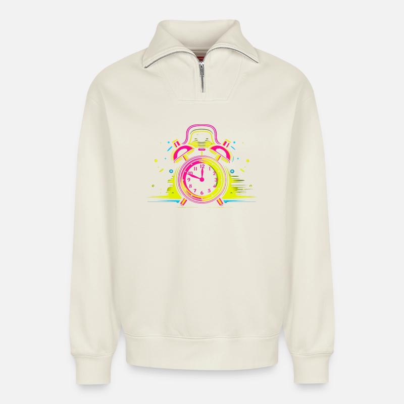 Alarm Clock Synthwave - Relaxed Unisex Organic Half Zip Sweatshirt – by SPREAD - off white
