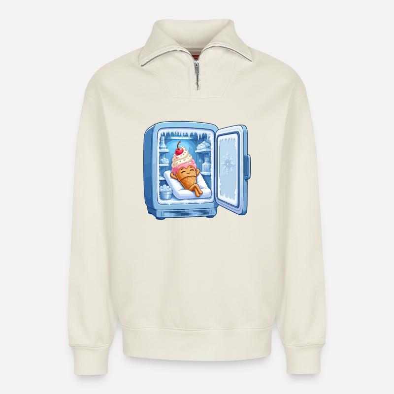 Kühlschrank Eiscreme Kuschelheld - Relaxed Unisex Organic Half Zip Sweatshirt – by SPREAD - off white
