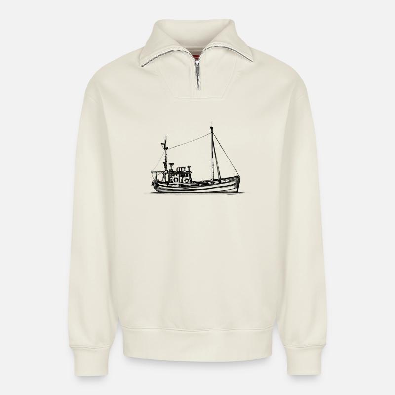 Fischkutter & Krabbenkutter - Illustration - Relaxed Unisex Organic Half Zip Sweatshirt – von SPREAD - Naturweiß