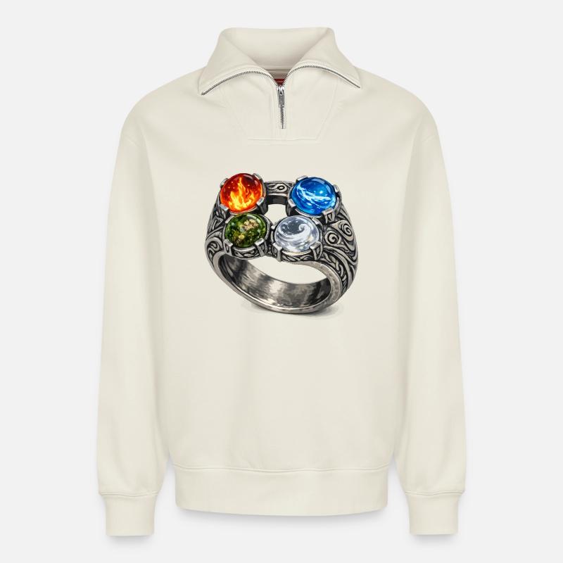 Vier-Elemente-Ring mit Edelsteinen - Relaxed Unisex Organic Half Zip Sweatshirt – von SPREAD - Naturweiß