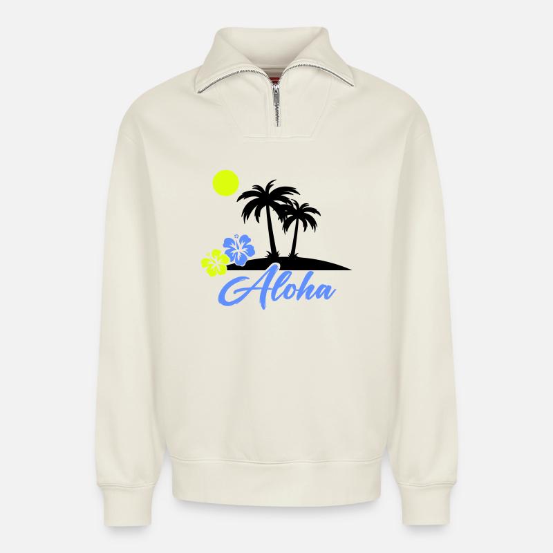 Aloha Hibiscus Neon Script - Relaxed Unisex Organic Half Zip Sweatshirt – by SPREAD - off white