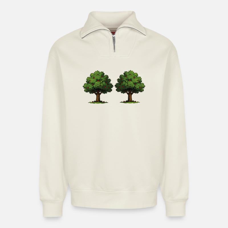 Double tree with red apples - Relaxed Unisex Organic Half Zip Sweatshirt – by SPREAD - off white