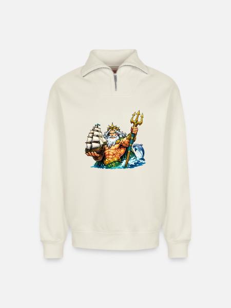Neptune with sailing ship - Relaxed Unisex Organic Half Zip Sweatshirt – by SPREAD - off white