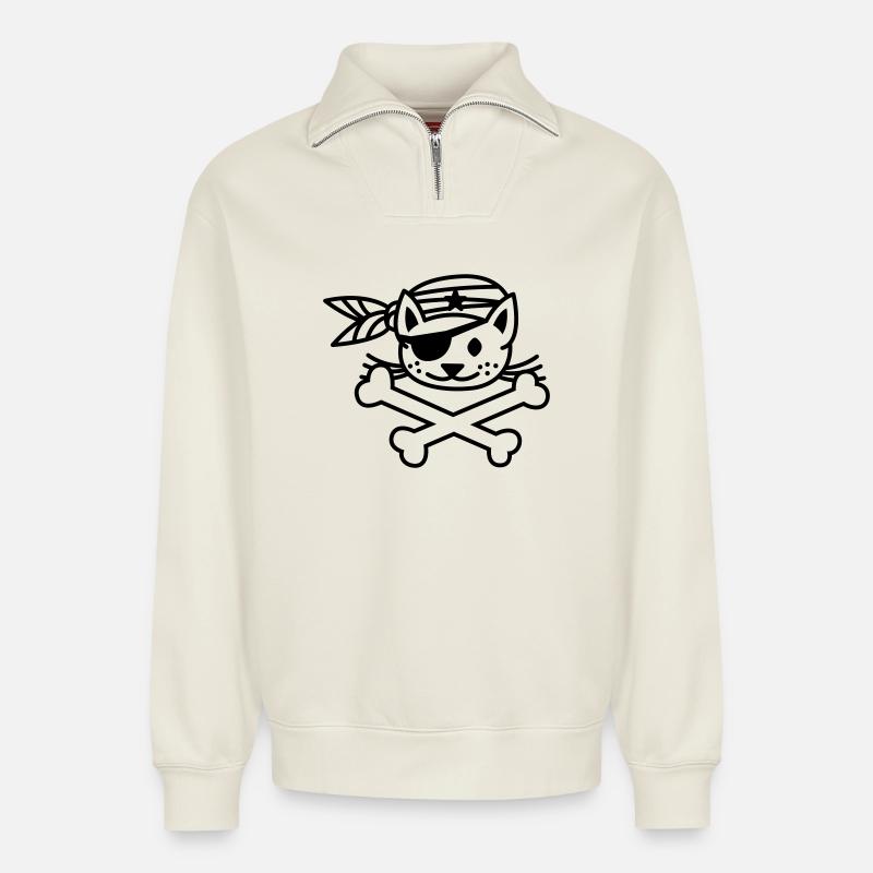 pirate kitty - Sweat unisexe décontracté en coton biologique à demi-zip – de SPREAD - blanc cassé