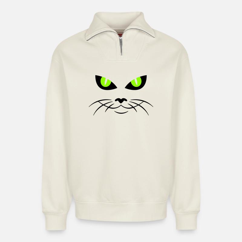 cat face - katzengesicht - Relaxed Unisex Organic Half Zip Sweatshirt – by SPREAD - off white