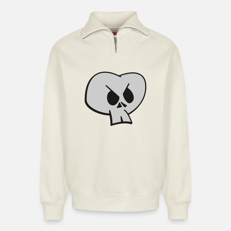 Crâne - Sweat unisexe décontracté en coton biologique à demi-zip – de SPREAD - blanc cassé