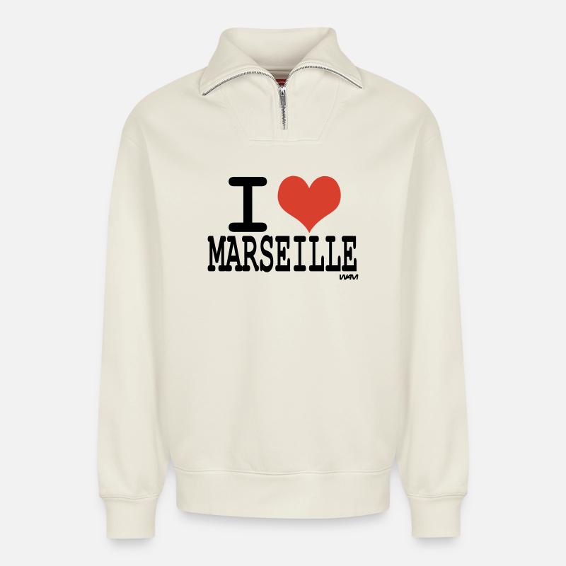 i love marseille - Relaxed Unisex Organic Half Zip Sweatshirt – von SPREAD - Naturweiß