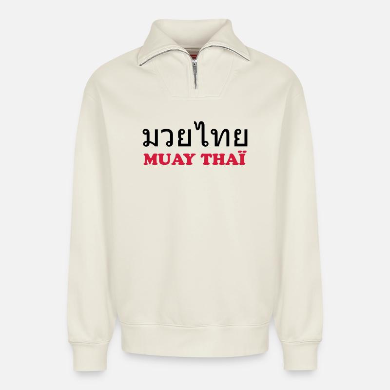 Muay Thai (V) - Relaxed Unisex Organic Half Zip Sweatshirt – von SPREAD - Naturweiß