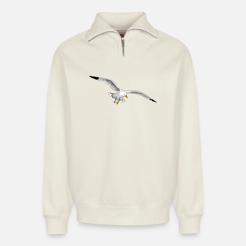 mouette - Sweat unisexe décontracté en coton biologique à demi-zip – de SPREAD - blanc cassé