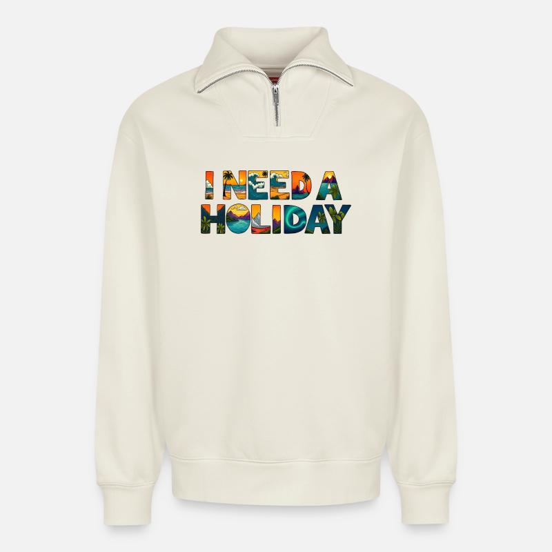 ICH BRAUCHE URLAUB - Relaxed Unisex Organic Half Zip Sweatshirt – von SPREAD - Naturweiß