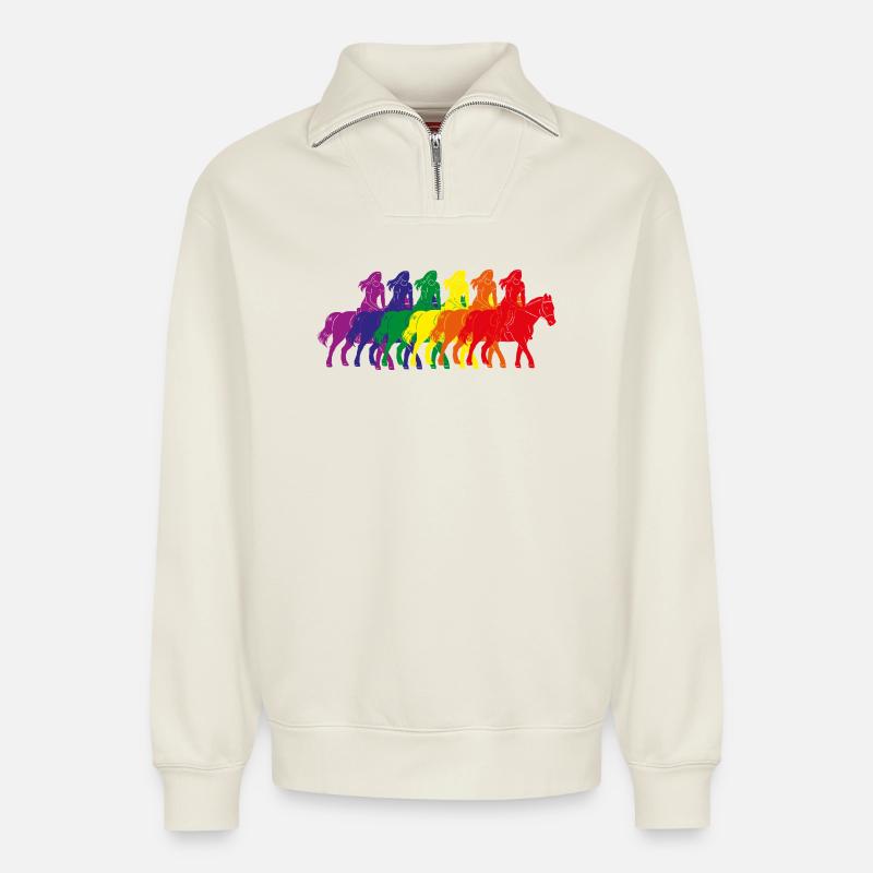 Regenbogen Reiter Silhouette - Relaxed Unisex Organic Half Zip Sweatshirt – von SPREAD - Naturweiß