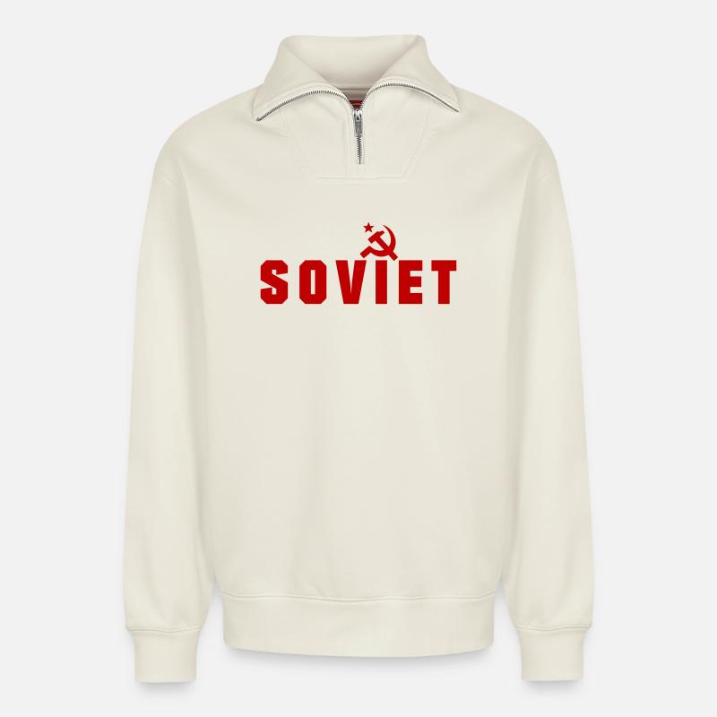 Soviétique - Russie - Sweat unisexe décontracté en coton biologique à demi-zip – de SPREAD - blanc cassé