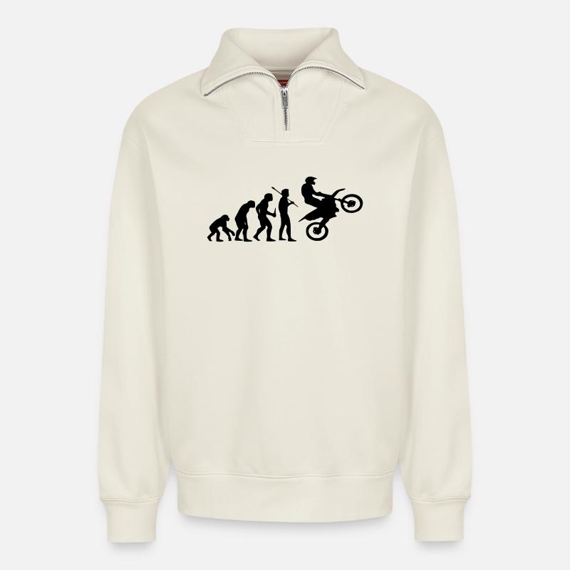 Evolution Affe zu Motocross - Relaxed Unisex Organic Half Zip Sweatshirt – von SPREAD - Naturweiß