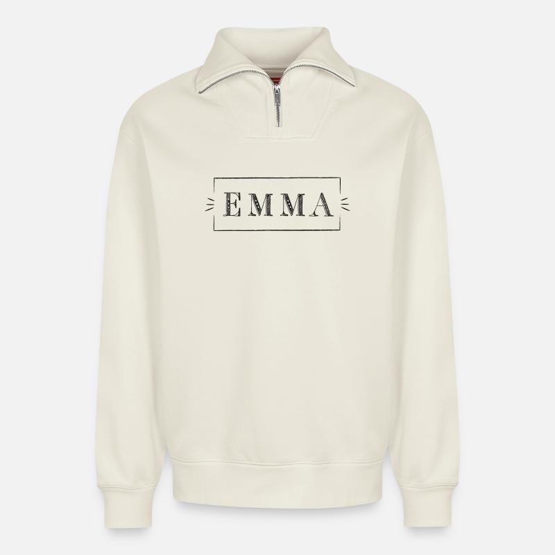 EMMA - name in a frame - Relaxed Unisex Organic Half Zip Sweatshirt – von SPREAD - Naturweiß