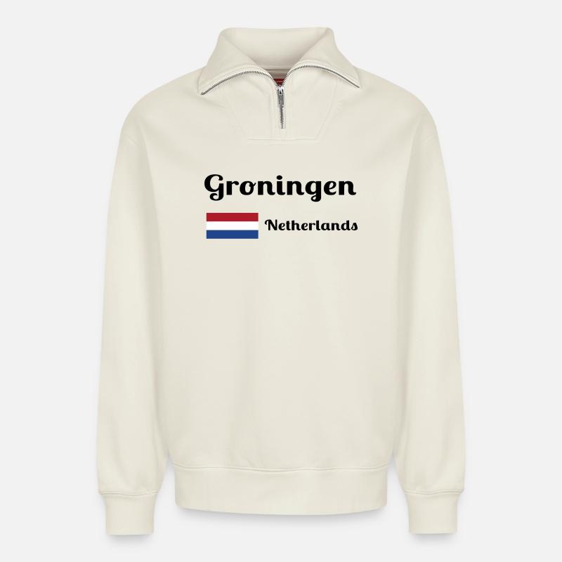 Groningue, Pays-Bas - Imprimés élégants - Sweat unisexe décontracté en coton biologique à demi-zip – de SPREAD - blanc cassé