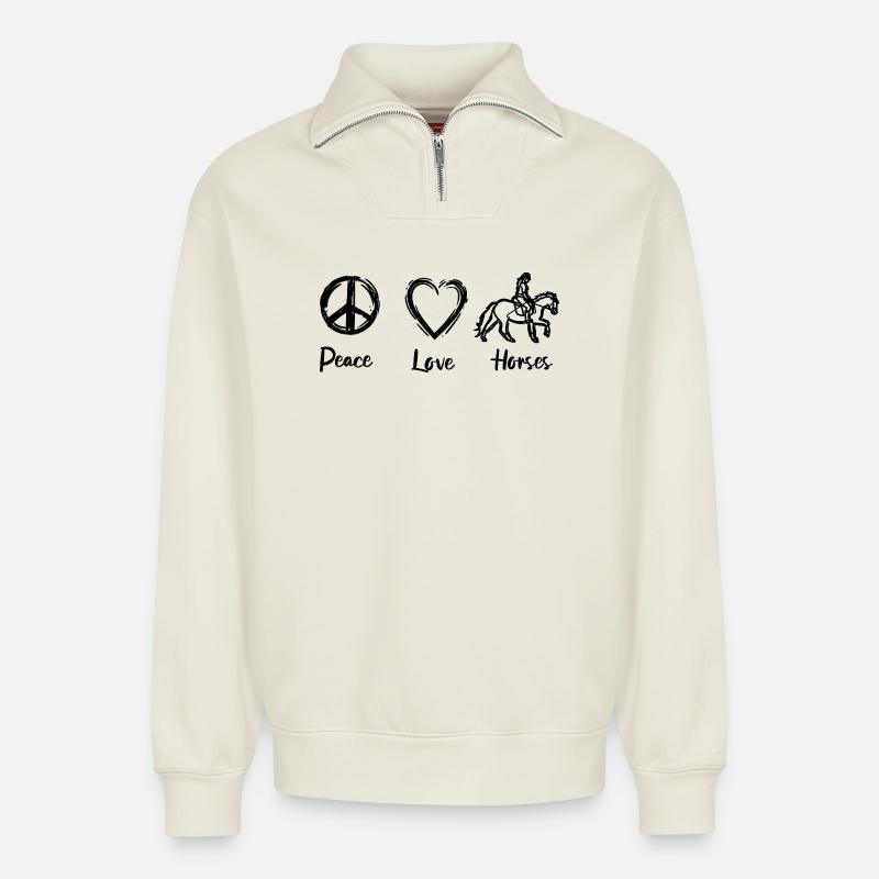 Pferdeliebe - Relaxed Unisex Organic Half Zip Sweatshirt – von SPREAD - Naturweiß