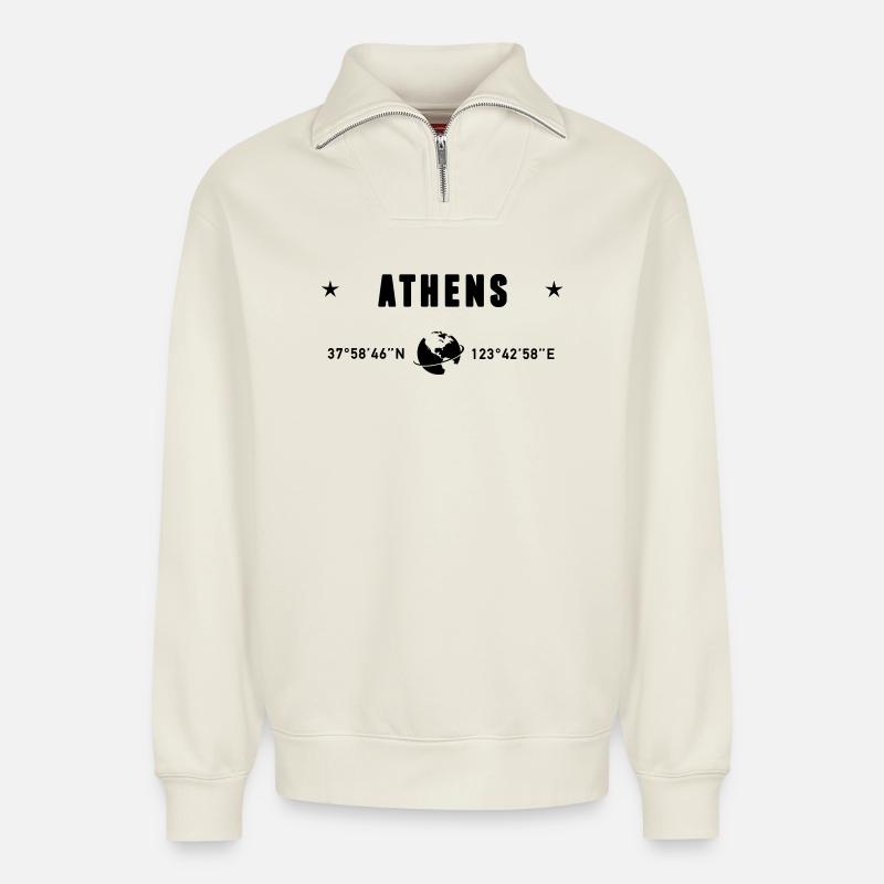 Athènes Grèce Coordonnées Planète Terre - Sweat unisexe décontracté en coton biologique à demi-zip – de SPREAD - blanc cassé
