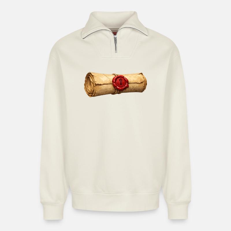 Papyrus Scroll with Red Seal - Relaxed Unisex Organic Half Zip Sweatshirt – by SPREAD - off white