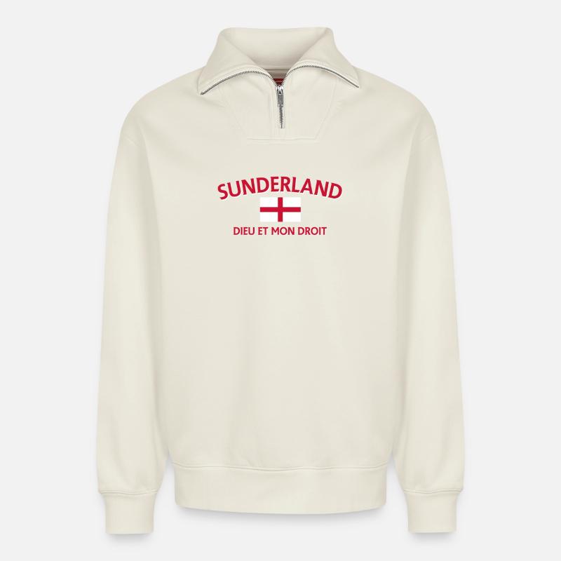 Drapeau de Sunderland Devise Écusson - Sweat unisexe décontracté en coton biologique à demi-zip – de SPREAD - blanc cassé