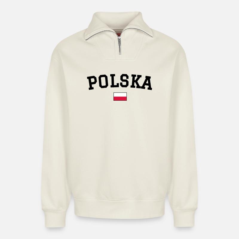 Drapeau polonais Noir - Sweat unisexe décontracté en coton biologique à demi-zip – de SPREAD - blanc cassé